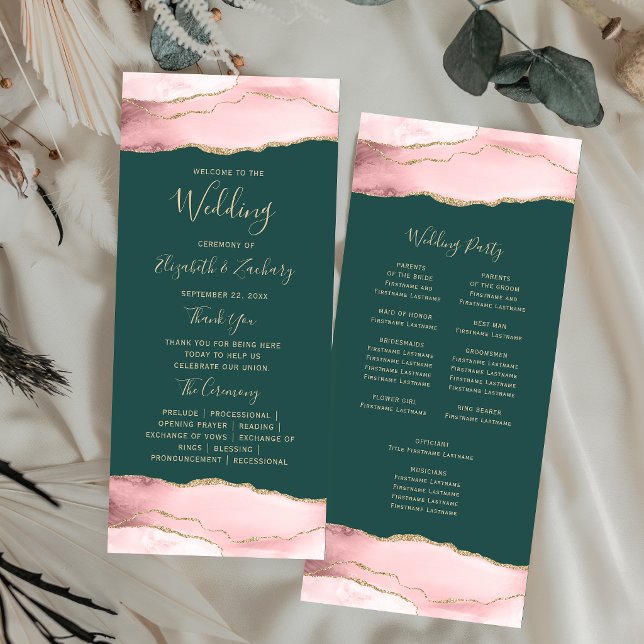 Blush Gold Agate Emerald Green Wedding Programme (Creator Uploaded)