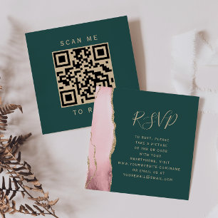 Blush Gold Agate Green Wedding QR Code RSVP Enclosure Card