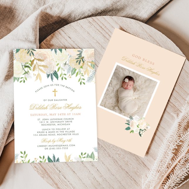 Blush Gold and Green Floral Baby Girl Baptism Invitation (Creator Uploaded)