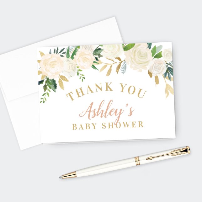 Blush Gold and Green Floral Baby Shower Thank You Card (Creator Uploaded)