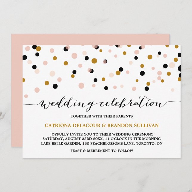 Blush, Gold & Black Confetti Dots Modern Wedding Invitation (Front/Back)
