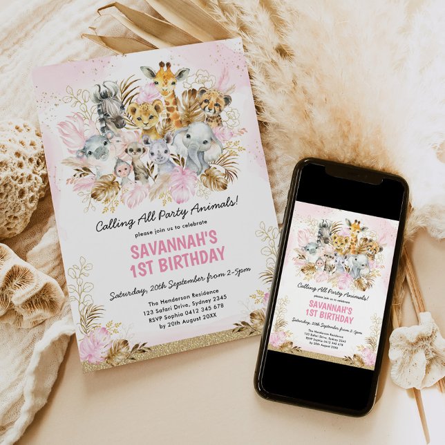 Blush Gold Boho Jungle Wild One 1st Birthday Girl Invitation (Creator Uploaded)