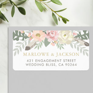 Blush Gold Boho Watercolor Floral Wedding Label