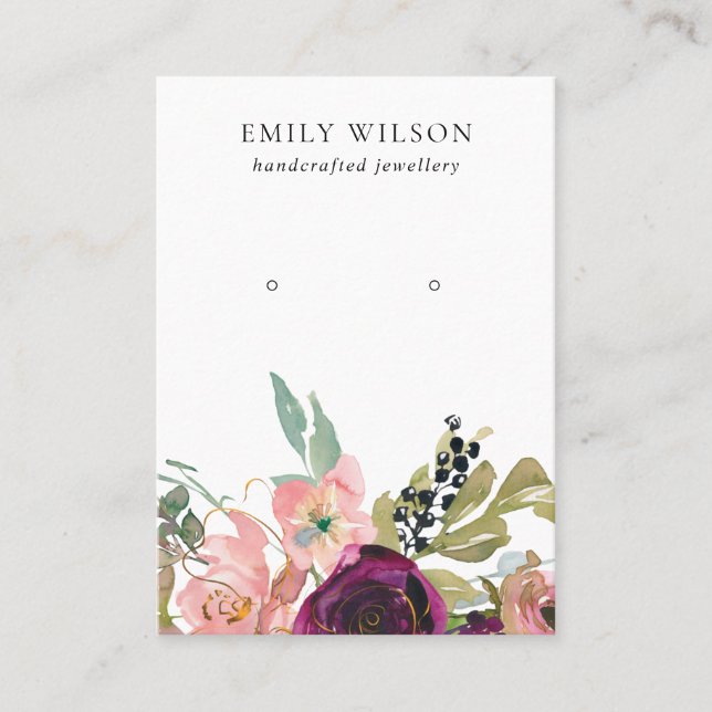BLUSH GOLD BURGUNDY ROSE FLORAL EARRING DISPLAY BUSINESS CARD (Front)