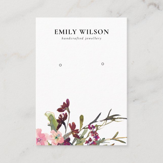 BLUSH GOLD BURGUNDY ROSE FLORAL EARRING DISPLAY BUSINESS CARD (Front)