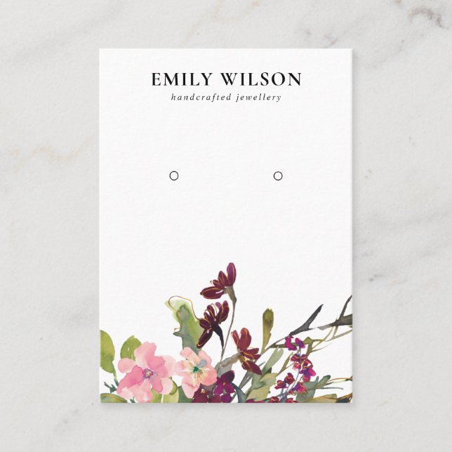 BLUSH GOLD BURGUNDY ROSE FLORAL EARRING DISPLAY BUSINESS CARD (Front)