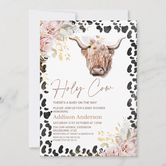 Blush Gold Chic Floral Highland Cow Baby Shower Invitation (Front)