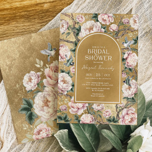 Blush Gold Chinoiserie Peony Floral Bridal Shower Invitation