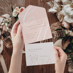 Blush Gold Classic Elegance calligraphy monogram All In One Invitation