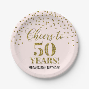 Blush Gold Confetti Cheers to 50 Years Birthday Paper Plate