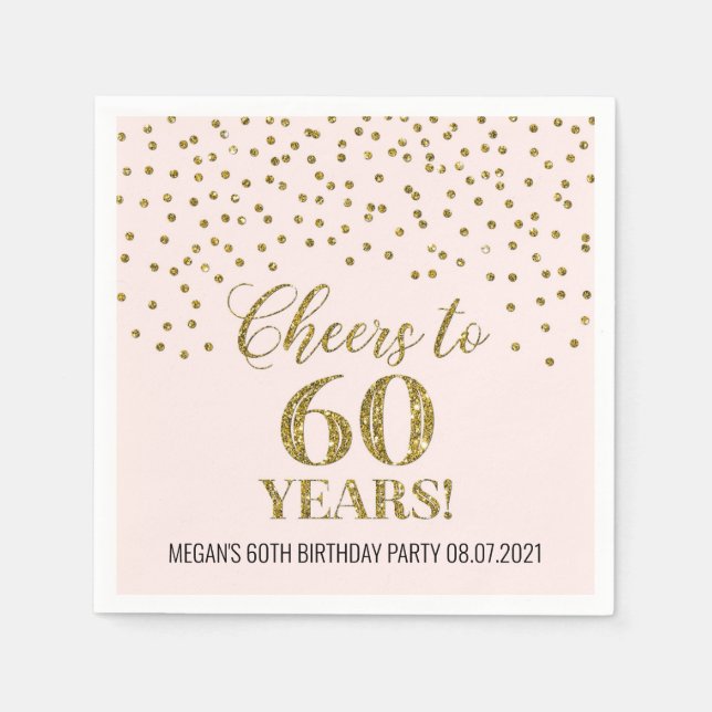 Blush Gold Confetti Cheers to 60 Years Birthday Napkin (Front)