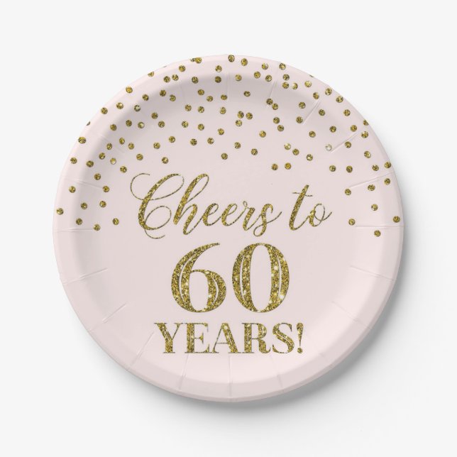 Blush Gold Confetti Cheers to 60 Years Birthday Paper Plate (Front)