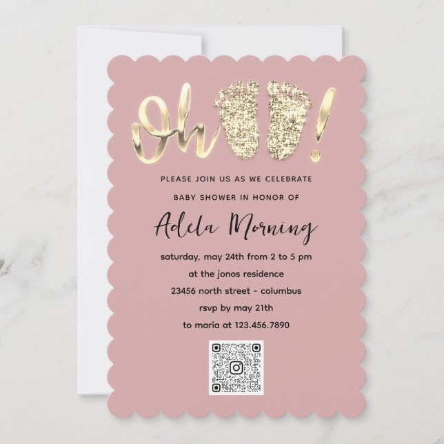 Blush Gold Confetti Feet Baby Girl  QR CODE  Invitation (Front)