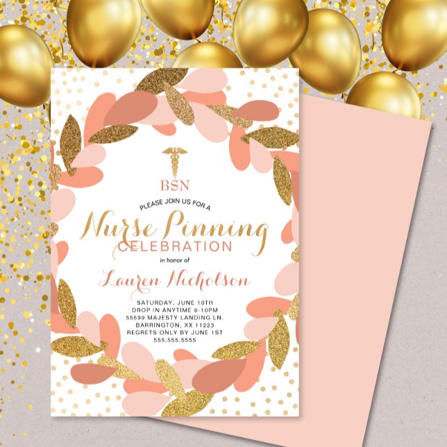 Blush Gold Confetti Nurse Pinning Graduation Party Invitation (Creator Uploaded)