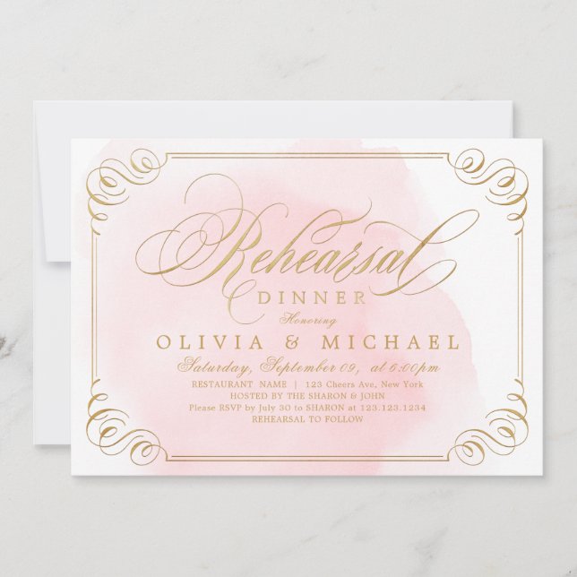 Blush gold elegant calligraphy rehearsal dinner invitation (Front)