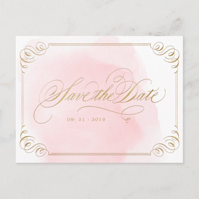 Blush gold elegant calligraphy save the date announcement postcard (Front)
