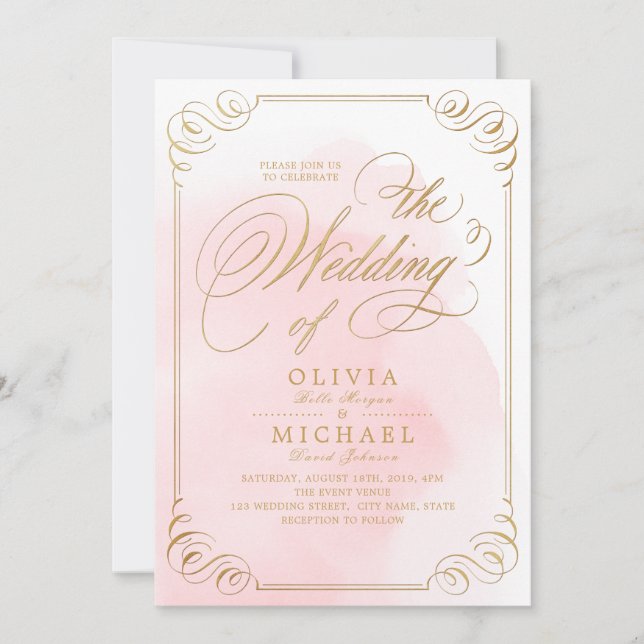 Blush gold elegant calligraphy vintage wedding invitation (Front)
