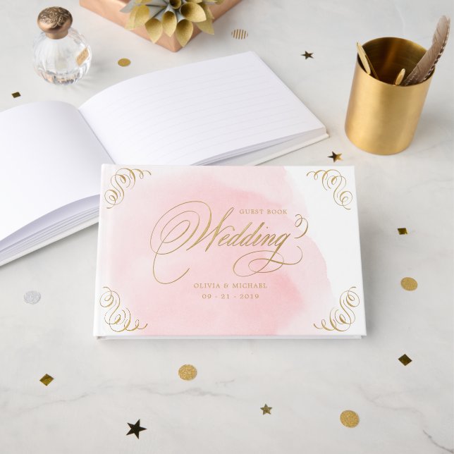 Blush gold elegant calligraphy wedding guest book (Front Open)