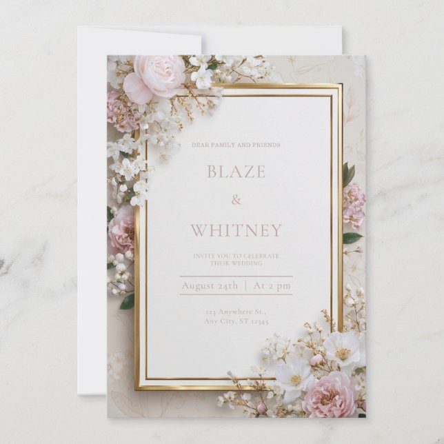 Blush & Gold Elegant Floral Wedding Invitation (Front)