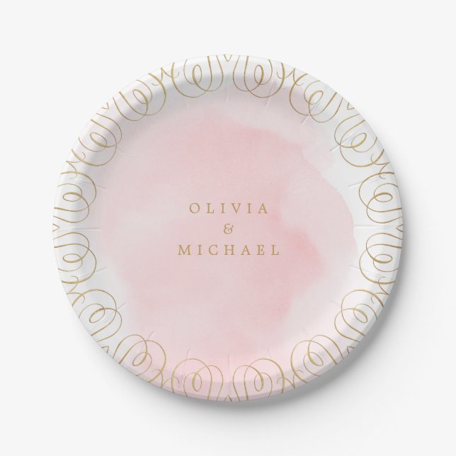 Blush gold elegant flourish calligraphy wedding paper plate (Front)