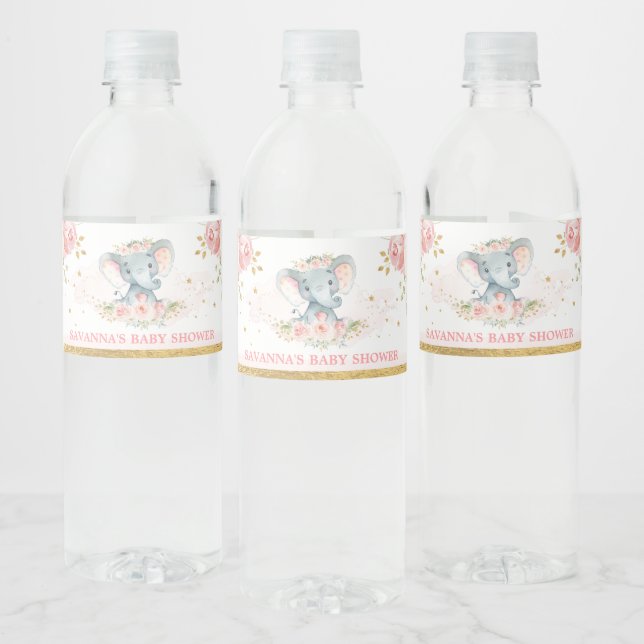 Blush Gold Elephant Girl Baby Shower Favours Water Bottle Label (Bottles)