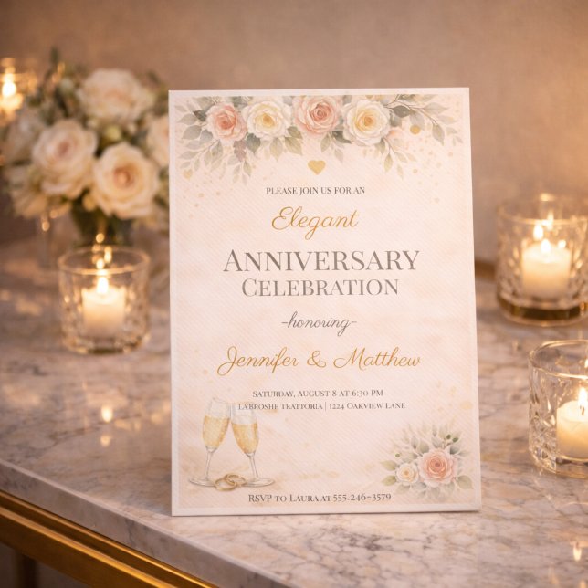 Blush Gold Floral Anniversary Invitation (Blush and gold floral anniversary dinner invitation with soft roses and champagne detail)