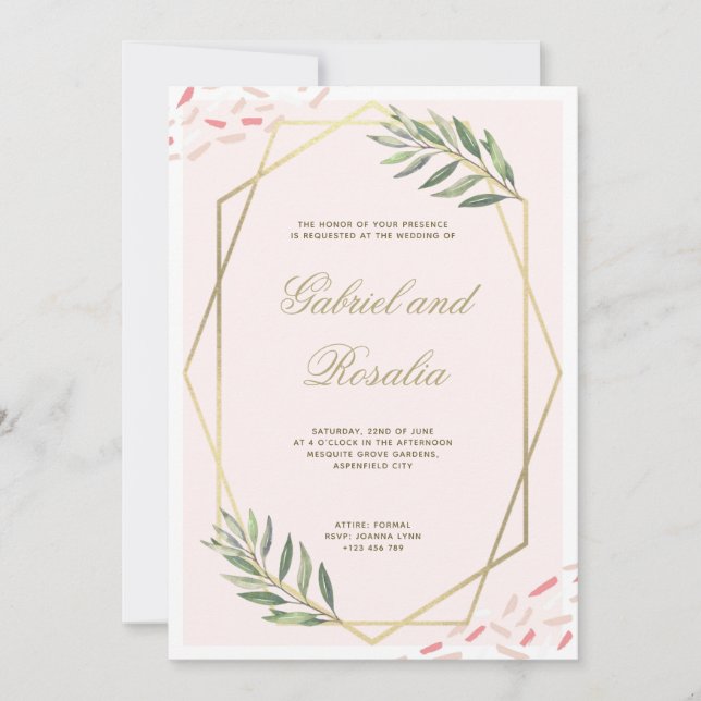 Blush Gold Floral Bordered Geometric Wedding Invitation (Front)