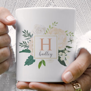 Blush Gold Floral Bouquet Custom Monogram Coffee Mug