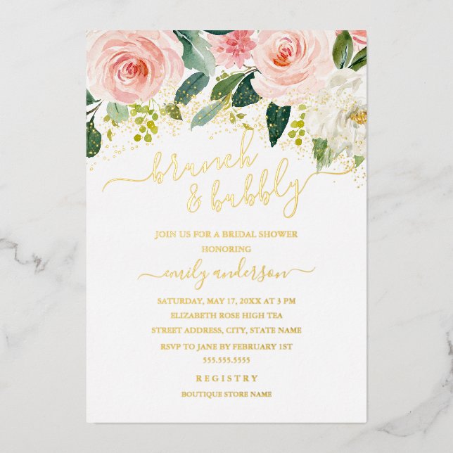 Blush Gold Floral Brunch And Bubbly Bridal Shower  (Front)