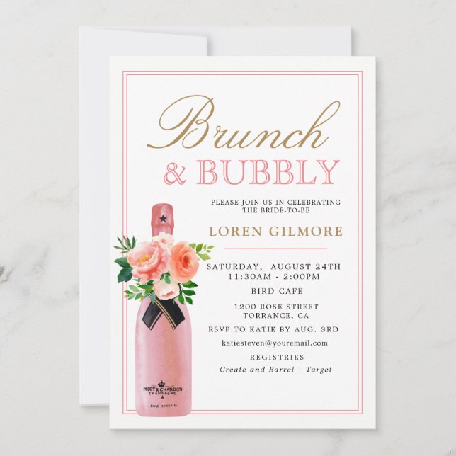 Blush Gold Floral Brunch and Bubbly Bridal Shower Invitation (Front)