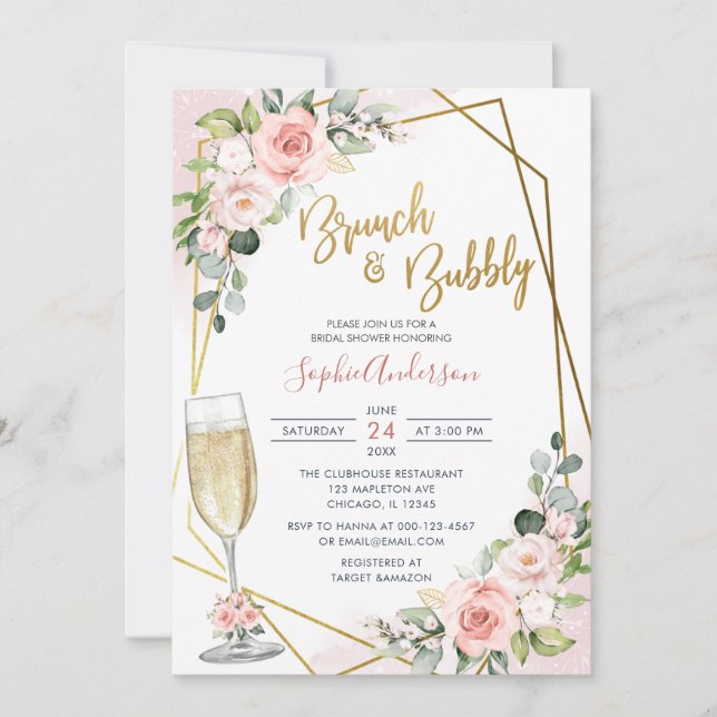 Blush Gold Floral Brunch And Bubbly Bridal Shower Invitation (Front)