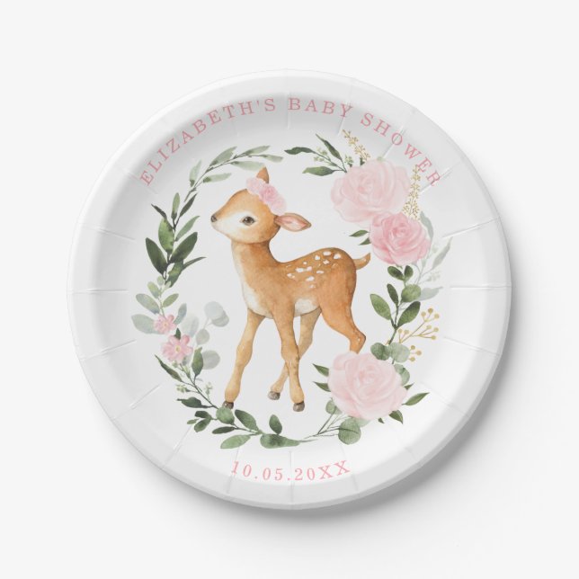 Blush Gold Floral Deer Baby Greenery Forest Shower Paper Plate (Front)