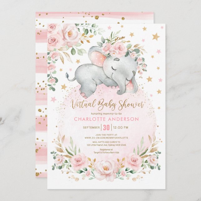 Blush Gold Floral Elephant Virtual Baby Shower Invitation (Front/Back)