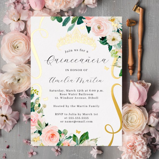 Blush Gold Floral Flowers Scroll Quinceanera   (Creator Uploaded)