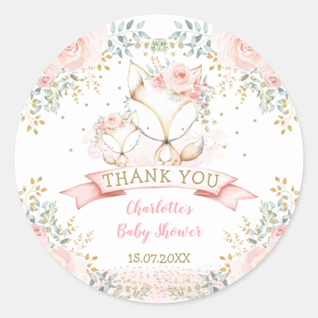 Blush Gold Floral Fox Boho Woodland Baby Shower Classic Round Sticker (Front)