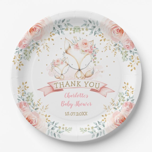 Blush Gold Floral Fox Boho Woodland Baby Shower Paper Plate (Front)
