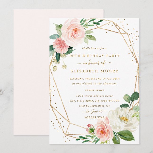 Blush Gold Floral Geometric 90th Birthday Invite (Front/Back)