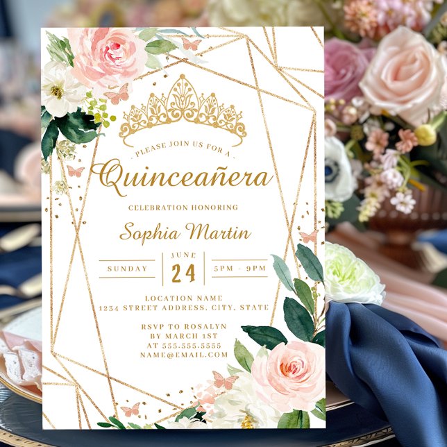 Blush Gold Floral Geometric Butterfly Quinceanera  Invitation (Creator Uploaded)