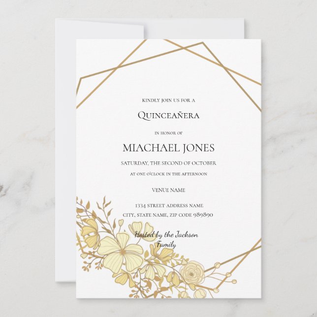 Blush Gold Floral Geometric Quinceanera  Invitatio Invitation (Front)