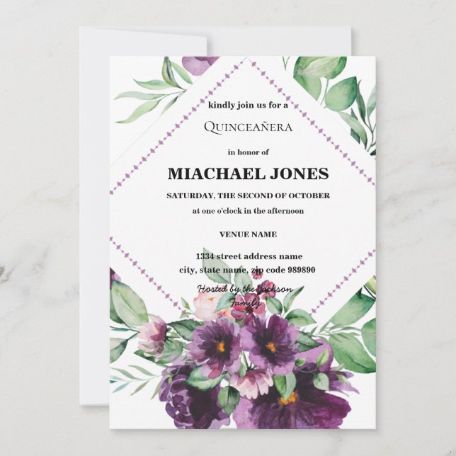 Blush Gold Floral Geometric Quinceanera  Invitatio Invitation (Front)