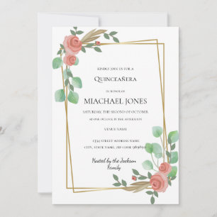 Blush Gold Floral Geometric Quinceanera  Invitatio Invitation