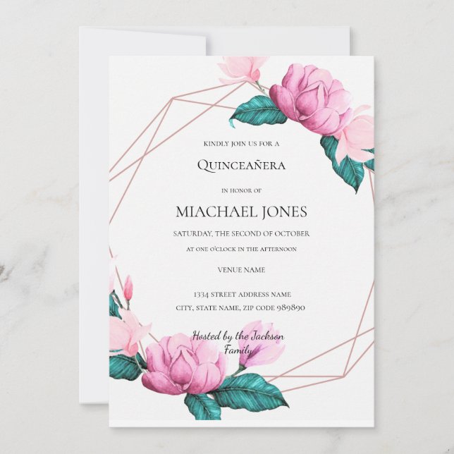 Blush Gold Floral Geometric Quinceanera  Invitatio Invitation (Front)