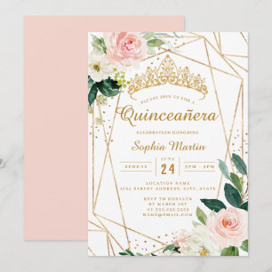 Blush Gold Floral Geometric Quinceanera  Invitation