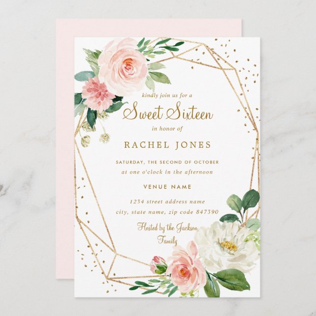Blush Gold Floral Geometric Sweet Sixteen Invite (Front/Back)