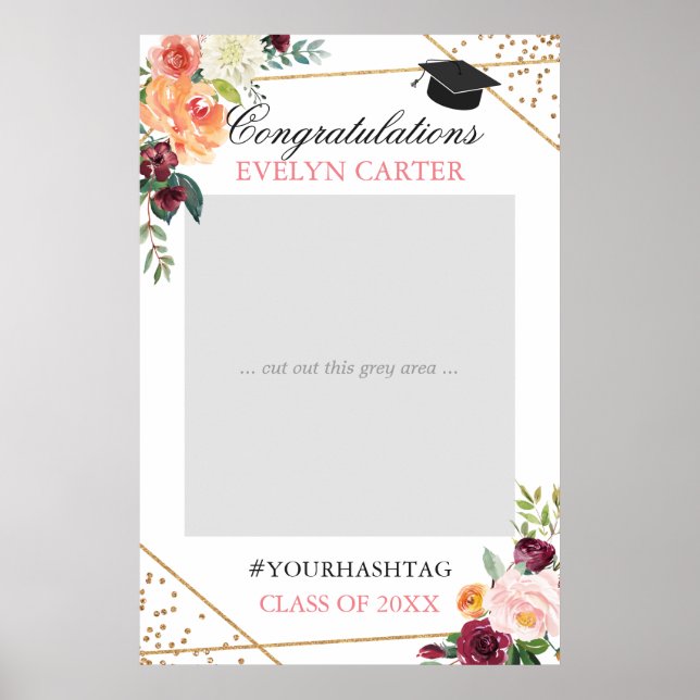 Blush Gold Floral Graduation Party Photo Prop Poster (Front)