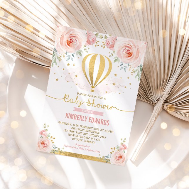 Blush Gold Floral Hot Air Balloon Girl Baby Shower Invitation (Creator Uploaded)