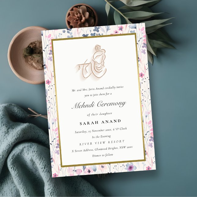 Blush Gold Floral Krishna Indian Wedding Mehndi Enclosure Card (Creator Uploaded)