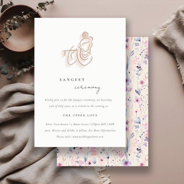 Blush Gold Floral Krishna Indian Wedding Sangeet Enclosure Card (Creator Uploaded)