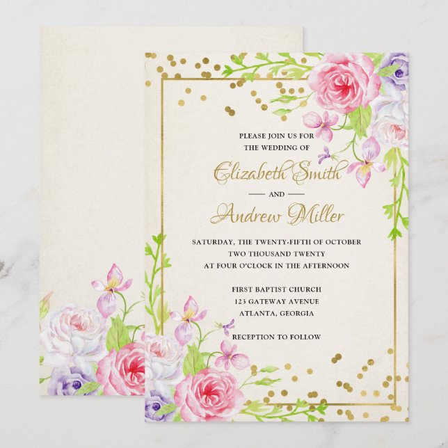 Blush Gold Floral Modern Gold Frame Wedding Invite (Front/Back)