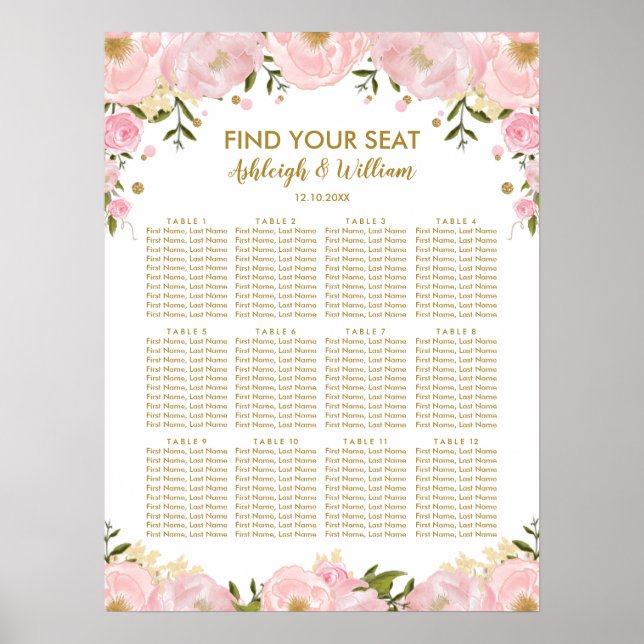 Blush Gold Floral Peonies Wedding Seating Chart (Front)